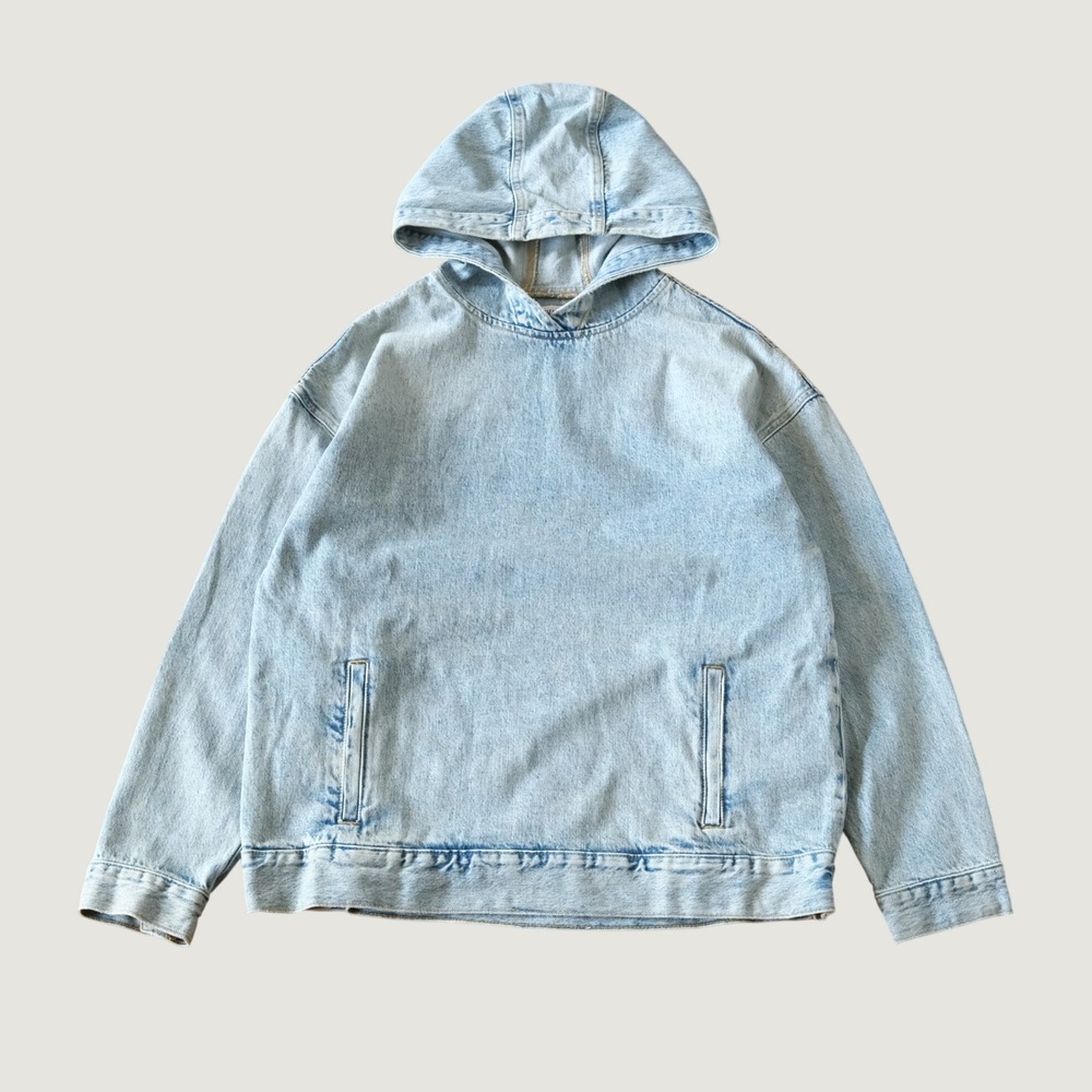 Zara Denim Pullover Baggy Hoodie Relaxed Fit Light Wash Blue Cotton Size S 90s